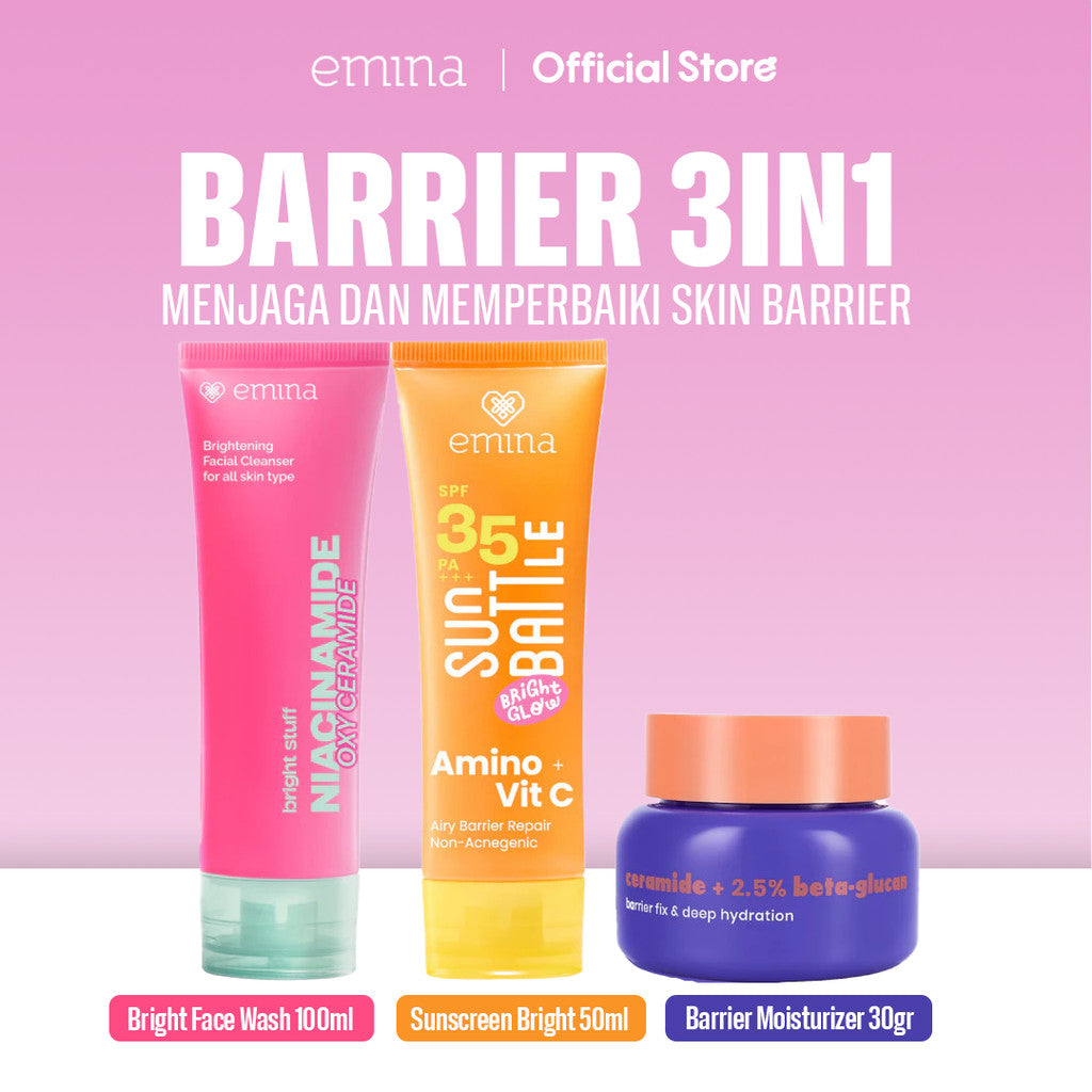 Emina Barrier Set Bundle All in 7 PCS PAKET SKINCARE HYALUBRIGHT MICELLAR WATER- BRIGHT STUFF FACE WASH- BRIGHT STUFF FACE TONER-GLORAD SERUM-BARRIER GEL-BRIGHT STUFF EXFOILATING TONER-SUN BATTLE BRIGHT GLOW