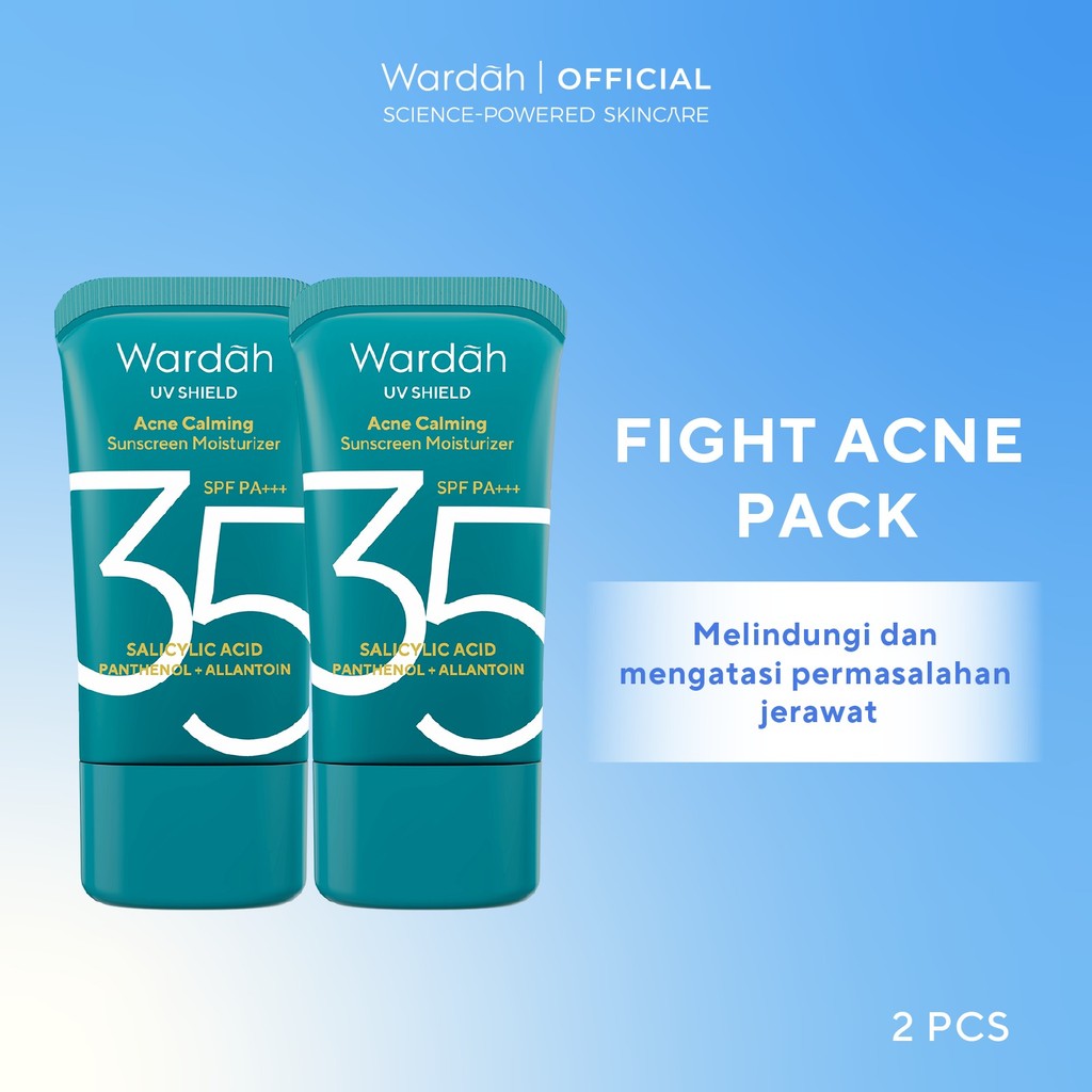 NEW PACKAGING! Wardah UV Shield Acne Calming Sunscreen Moisturizer SPF 35 PA+++ Single, Twinpack, Triple Pack Sunscreen Wajah - Meredakan Jerawat, Ringan, Mudah Meresap Calming and Repair Boosting  - Sunscreen Wajah Glowing BPOM - Skincare