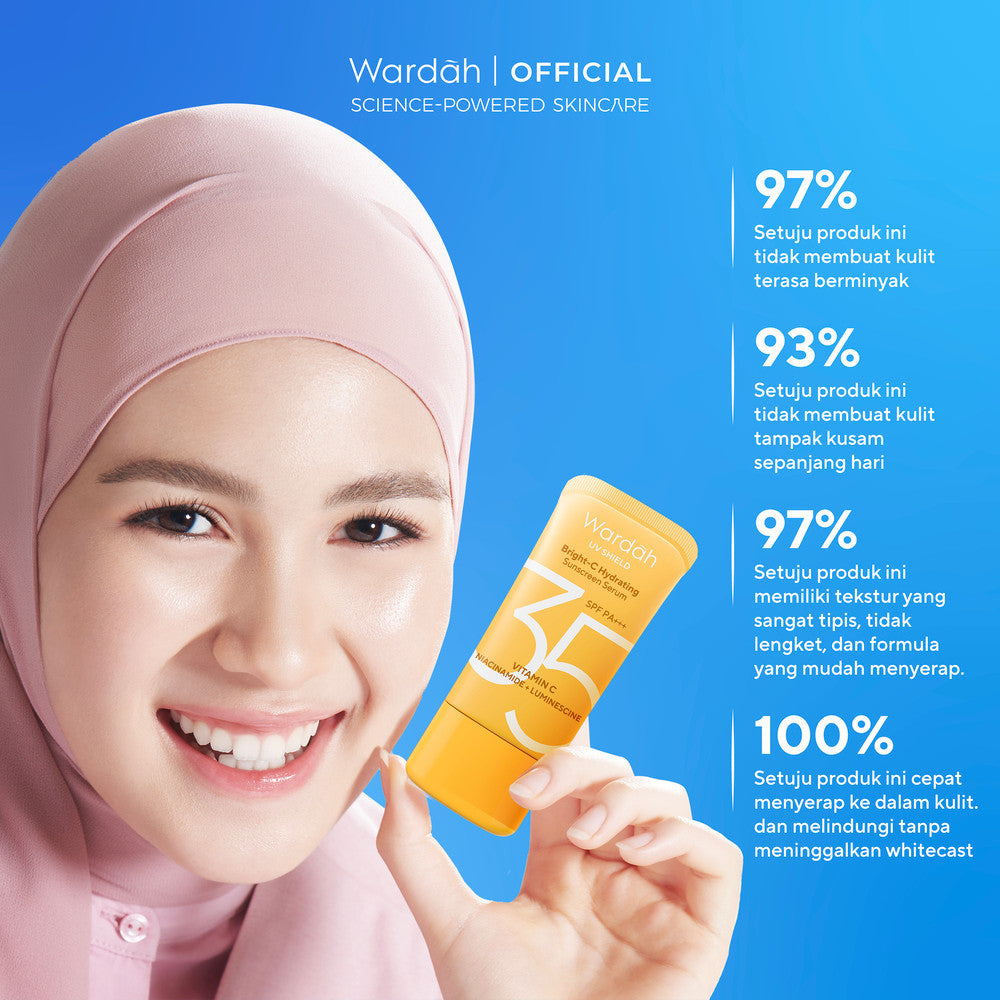 NEW FORMULA AND PACKAGING! Wardah UV Shield Bright-C Hydrating Sunscreen Serum SPF 35 PA+++ Sunscreen 0% Alkohol dengan Vitamin C + Niacinamide Brightening Glow Tekstur Ringan Tidak Lengket Melembabkan Semua Jenis Kulit - Skincare