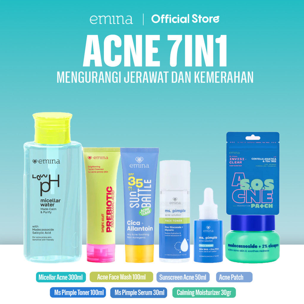 [ACNE CARE SET] Emina Bundle All in 6in1  Face Wash Acne Care + Toner + Serum + Calming Soothing Moisturizer Gel + Sunscreen Acne Fighter + Low pH Micellar Water Oil & Acne