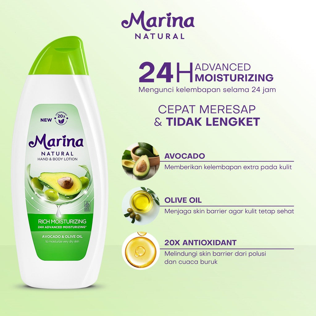 Marina Natural Hand and Body Lotion - Rich Moisturizing  Extra Fill [438ml / 3 pcs] - Exp : 12.2027