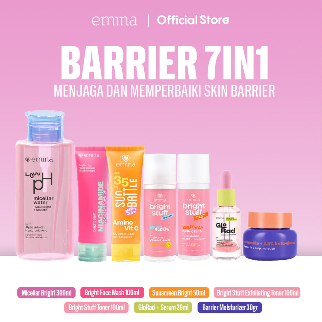 Emina Barrier Set Bundle All in 7 PCS PAKET SKINCARE HYALUBRIGHT MICELLAR WATER- BRIGHT STUFF FACE WASH- BRIGHT STUFF FACE TONER-GLORAD SERUM-BARRIER GEL-BRIGHT STUFF EXFOILATING TONER-SUN BATTLE BRIGHT GLOW