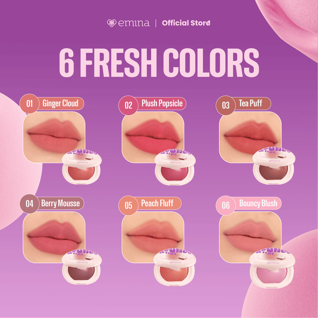 NEW! Emina Bouncy Tint 3 in 1 Lip, Cheek, & Eye - Blurry Lip Color, Lasting Stain, dilengkapi dengan SPF 15 PA+++, Marshmallow Mochi Pudding Longlasting Blush On Lip Tint Eye Shadow