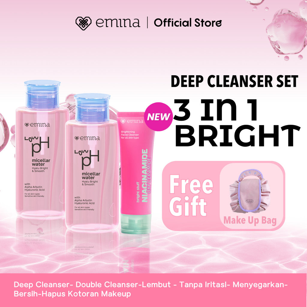 [Paket Deep Cleanser Free Gift ] Paket 8 in 1 2 in 1  Paket 3 in 1 Deep Cleanser Emina HyaluBright & Smooth Low PH Micellar Water 300ml- Face Wash Serum Toner Moisturizer Sunscreen -Lembut - Tanpa Iritasi- Menyegarkan- Bersih-Hapus Kotoran Makeup