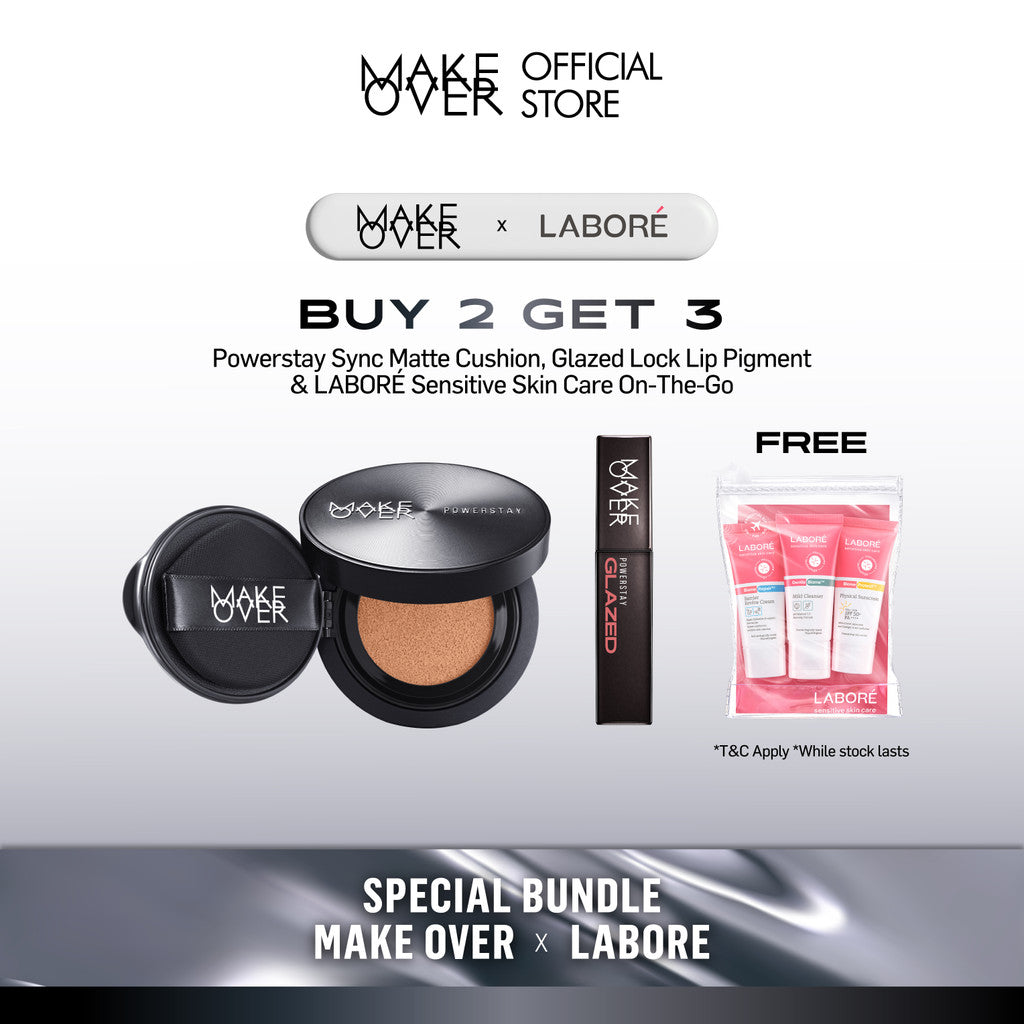 [6.6 EXCLUSIVE BUNDLE MAKE OVER X LABORE - BUY 2 GET 5] MAKE OVER Hydrastay Prismatic Glass Cushion or MAKE OVER Sync Matte Cushion + Glazed Lock Lip Pigment Get FREE LABORÉ Sensitive Skin Care On-The-Go Minis (Revamp)