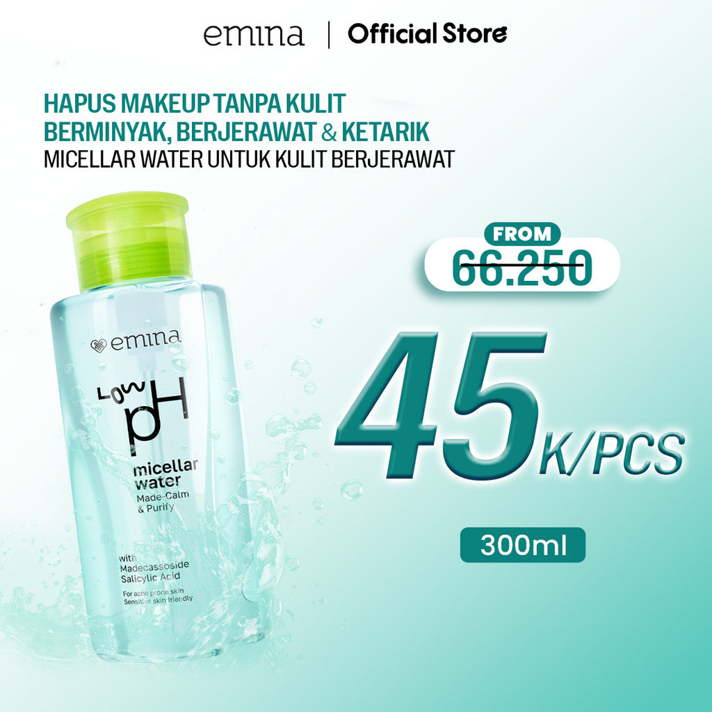 Emina Low pH Micellar Water  untuk Kulit Berminyak dan Berjerawat Sensitif 125ml & 300ml | Salicylic Acid Pembersih Wajah Gentle Makeup Remover Double Cleansing for Acne-Oily Prone Skin Oil Control Moisturizer Sunscreen Mencerahkan
