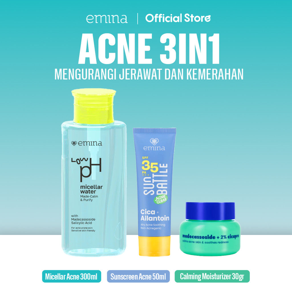 [ACNE CARE SET] Emina Bundle All in 6in1  Face Wash Acne Care + Toner + Serum + Calming Soothing Moisturizer Gel + Sunscreen Acne Fighter + Low pH Micellar Water Oil & Acne