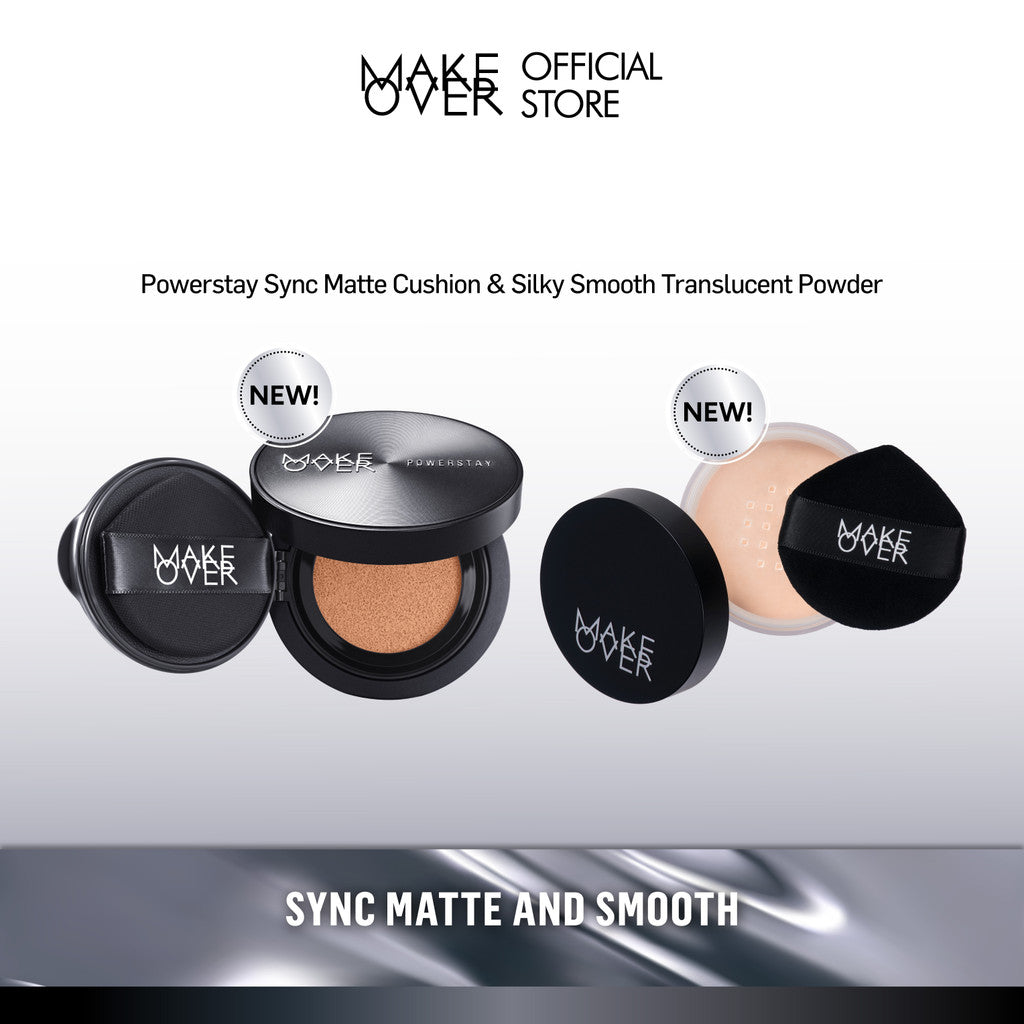 MAKE OVER Sync Matte and Smooth Complexion: NEW! Baru Powerstay Sync Matte Cushion + NEW! Silky Smooth Translucent Powder - Cushion Matte Tahan Lama Bedak Tabur Wajah Halus Paket Complexion Face Makeup