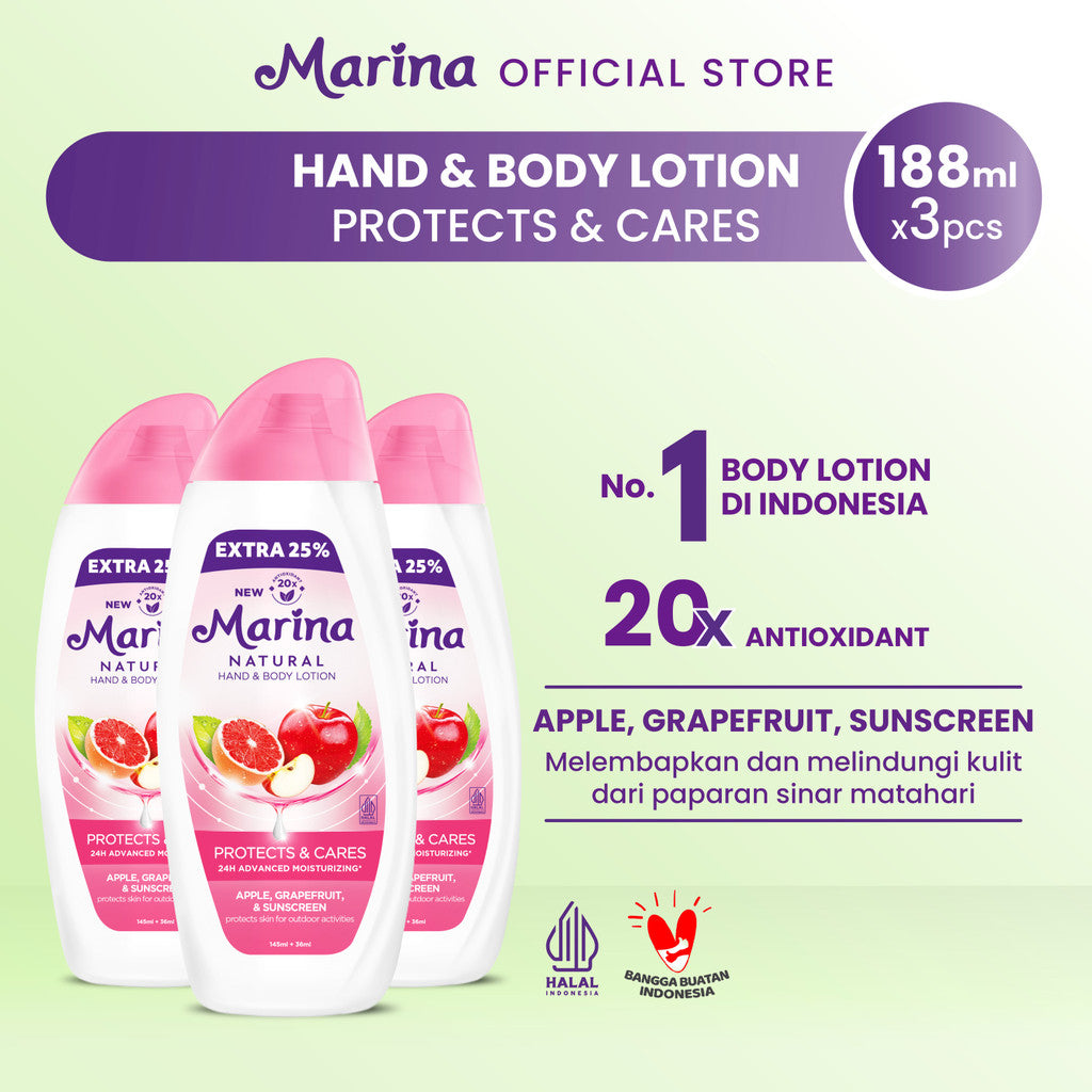 Marina Hand & Body Lotion Natural - Protects & Cares Extra Fill [188mL / 3 pcs] - Exp : 11.2027