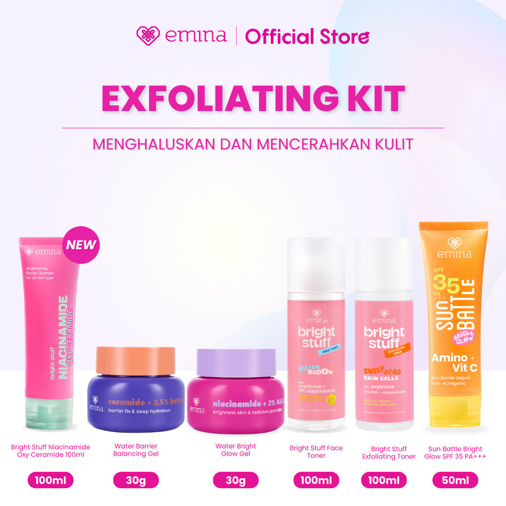 Emina Day&Night 6in1 Glowing Set Bundle - Cleanser + Brightening moisturizer + serum + toner + exfoliating