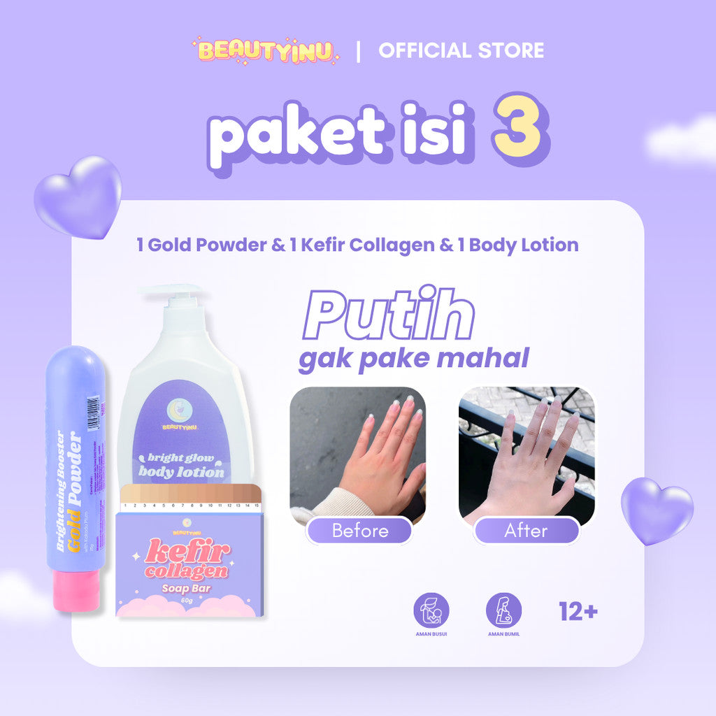 Beautyinu Glowing Set Paket Hemat isi 3 (Sabun Kefir Collagen - Bibit Pemutih - Lotion Jumbo) / BEAUTYINU LIMITED PACKAGE GLOWING KIT
