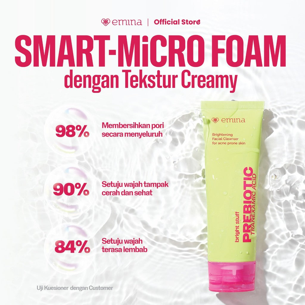 NEW! Emina Prebiotic Tranexamic Acid Brightening Face Wash for Acne Prone Skin 50ml 100ml - Sabun Muka kulit berjerawat dan sensitif, Perbaiki Skin Barrier Mengontrol Minyak Lembab Tanpa Ketarik Cocok untuk semua jenis kulit