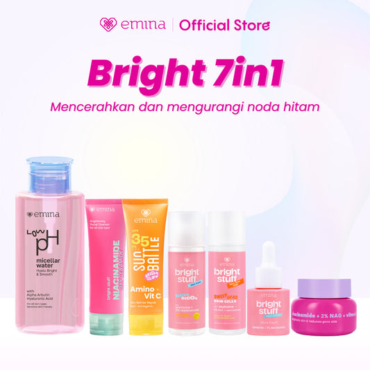 Emina Bright & Glow Set Bundle All in 7in1 PAKET SKINCARE HYALUBRIGHT MICELLAR WATER- BRIGHT STUFF FACE WASH- BRIGHT STUFF ACE TONER-BRIGHT STUFF SERUM-BRIGHT GEL-BRIGHT STUFF EXFOILATING TONER-SUN BATTLE  BRIGHT GLOW