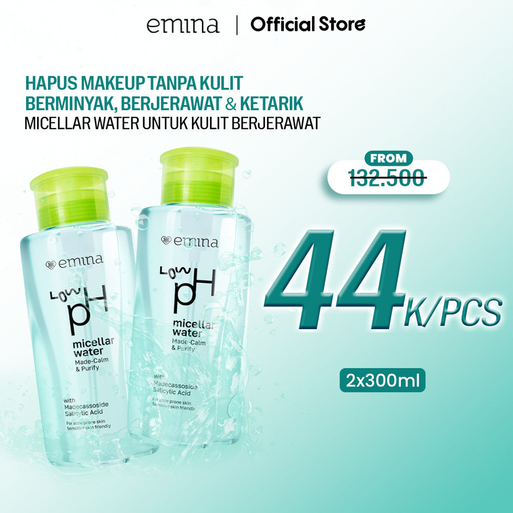 Emina Low pH Micellar Water  untuk Kulit Berminyak dan Berjerawat Sensitif 125ml & 300ml | Salicylic Acid Pembersih Wajah Gentle Makeup Remover Double Cleansing for Acne-Oily Prone Skin Oil Control Moisturizer Sunscreen Mencerahkan
