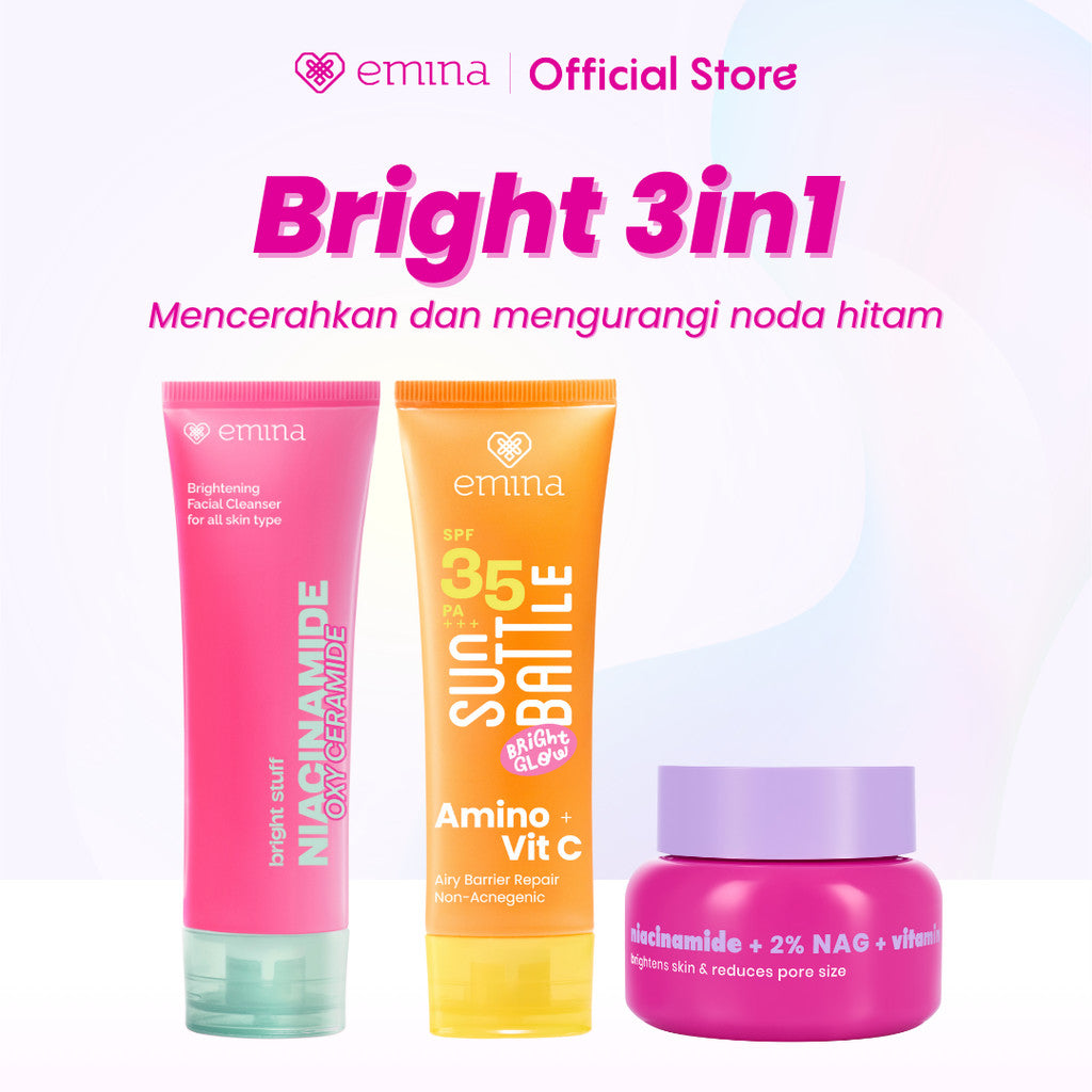 Emina Bright & Glow Set Bundle All in 7in1 PAKET SKINCARE HYALUBRIGHT MICELLAR WATER- BRIGHT STUFF FACE WASH- BRIGHT STUFF ACE TONER-BRIGHT STUFF SERUM-BRIGHT GEL-BRIGHT STUFF EXFOILATING TONER-SUN BATTLE  BRIGHT GLOW
