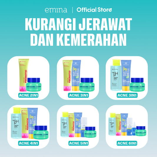 [ACNE CARE SET] Emina Bundle All in 6in1  Face Wash Acne Care + Toner + Serum + Calming Soothing Moisturizer Gel + Sunscreen Acne Fighter + Low pH Micellar Water Oil & Acne