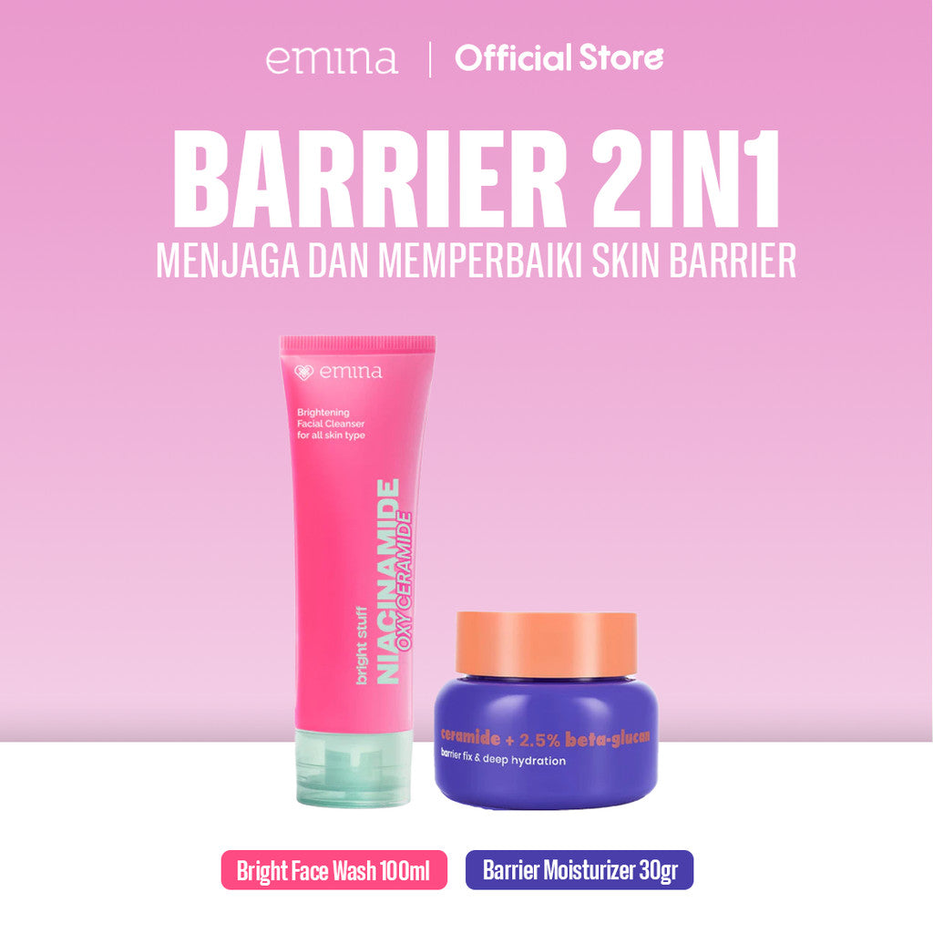 Emina Barrier Set Bundle All in 7 PCS PAKET SKINCARE HYALUBRIGHT MICELLAR WATER- BRIGHT STUFF FACE WASH- BRIGHT STUFF FACE TONER-GLORAD SERUM-BARRIER GEL-BRIGHT STUFF EXFOILATING TONER-SUN BATTLE BRIGHT GLOW