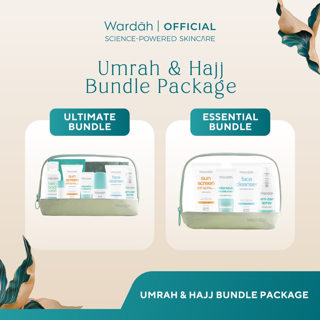 WARDAH Umrah & Hajj Package - Paket Haji dan Umroh - Hair and Body Wash, Face Cleanser, Sunscreen SPF 50 PA+++ , Anti Perspirant Deodorant, Moisturizer, Lip Treatment Balm, ZamZam Water Spray - Skincare