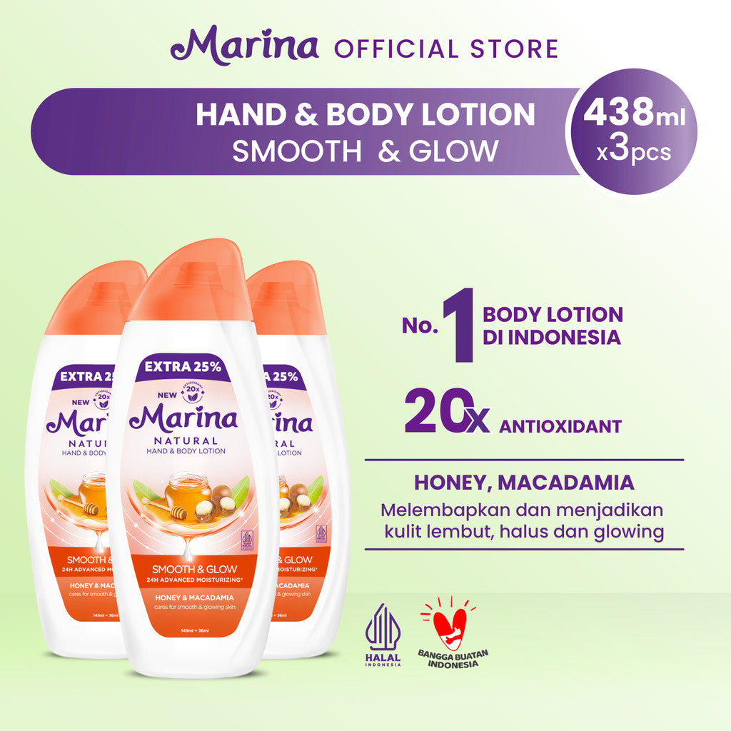 Marina Natural Hand and Body Lotion - Smooth & Glow Extra Fill [438 ml / 3 pcs] - Exp : 09.2027