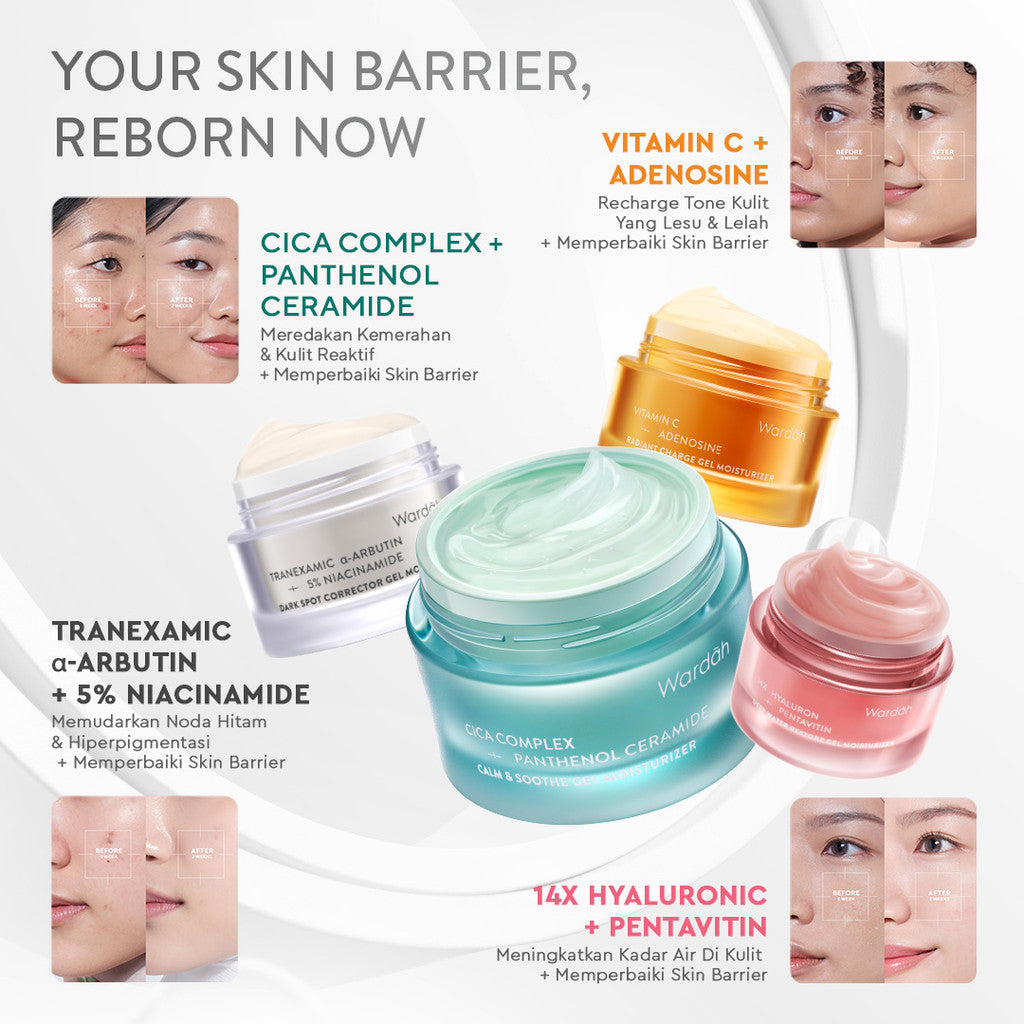 WARDAH Gel Moisturizer Series 30 g - Plump & Firm Collagen Moist, Tranexamic Alpha Arbutin, Symradiance, Cica Complex + Panthenol Ceramide, 14X Hyaluronic + Pentavitin, Vitamin C + Adenosine - Mencerahkan Wajah Kusam, Pelembab, Perawatan - Skincare