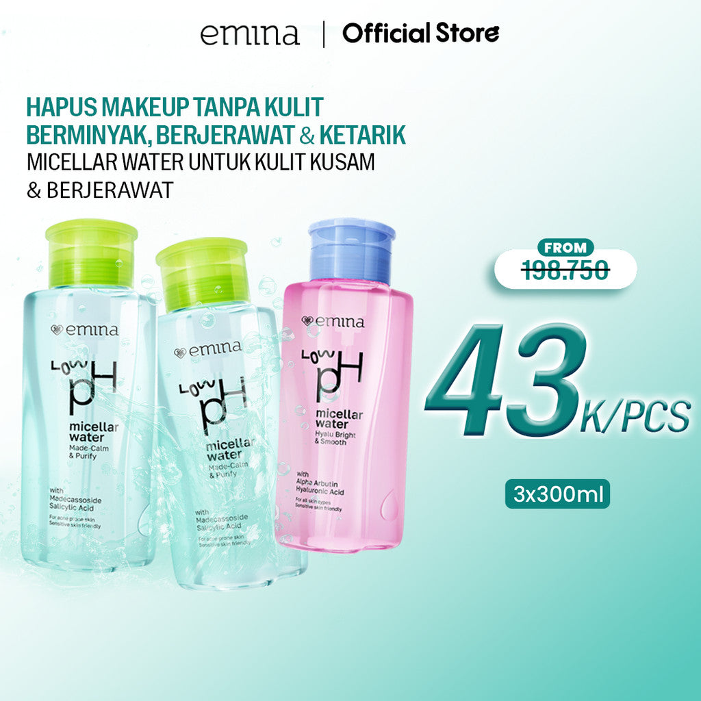 Emina Low pH Micellar Water  untuk Kulit Berminyak dan Berjerawat Sensitif 125ml & 300ml | Salicylic Acid Pembersih Wajah Gentle Makeup Remover Double Cleansing for Acne-Oily Prone Skin Oil Control Moisturizer Sunscreen Mencerahkan