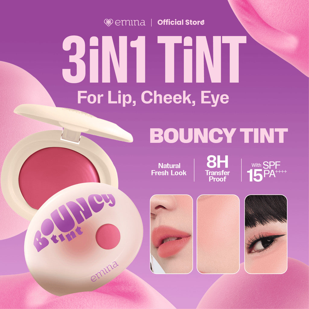 NEW! Emina Bouncy Tint 3 in 1 Lip, Cheek, & Eye - Blurry Lip Color, Lasting Stain, dilengkapi dengan SPF 15 PA+++, Marshmallow Mochi Pudding Longlasting Blush On Lip Tint Eye Shadow