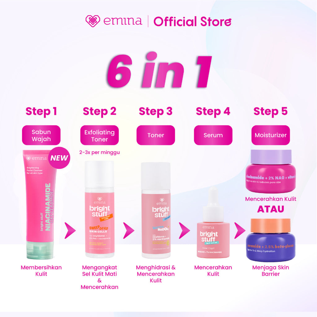 Emina Day&Night 6in1 Glowing Set Bundle - Cleanser + Brightening moisturizer + serum + toner + exfoliating