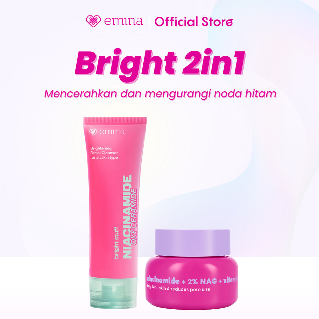 Emina Bright & Glow Set Bundle All in 7in1 PAKET SKINCARE HYALUBRIGHT MICELLAR WATER- BRIGHT STUFF FACE WASH- BRIGHT STUFF ACE TONER-BRIGHT STUFF SERUM-BRIGHT GEL-BRIGHT STUFF EXFOILATING TONER-SUN BATTLE  BRIGHT GLOW