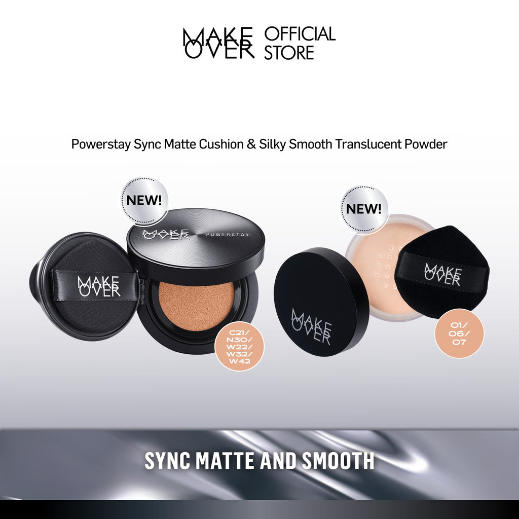 MAKE OVER Sync Matte and Smooth Complexion: NEW! Baru Powerstay Sync Matte Cushion + NEW! Silky Smooth Translucent Powder - Cushion Matte Tahan Lama Bedak Tabur Wajah Halus Paket Complexion Face Makeup