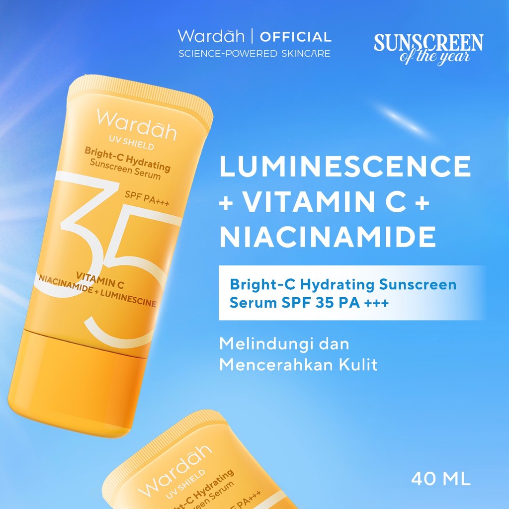 NEW FORMULA AND PACKAGING! Wardah UV Shield Bright-C Hydrating Sunscreen Serum SPF 35 PA+++ Sunscreen 0% Alkohol dengan Vitamin C + Niacinamide Brightening Glow Tekstur Ringan Tidak Lengket Melembabkan Semua Jenis Kulit - Skincare