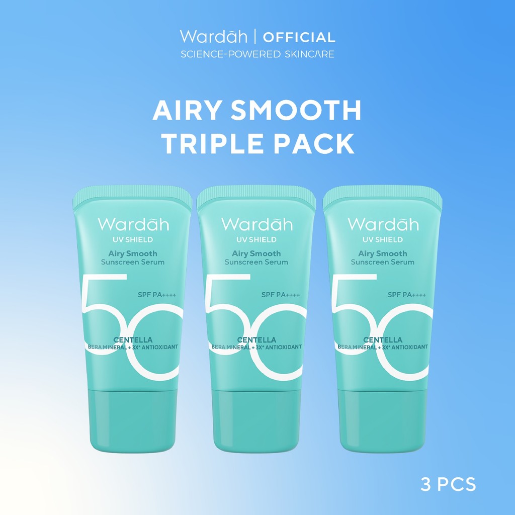 NEW FORMULA & PACKAGING! TRIPLE PACK Wardah UV Shield Acne Calming Sunscreen SPF 35 PA+++, Bright-C Hydrating Sunscreen SPF 35 PA+++, Airy Smooth Sunscreen SPF 50 PA++++ 25ml - 0% Alkohol, Ringan, Transparant - Skincare