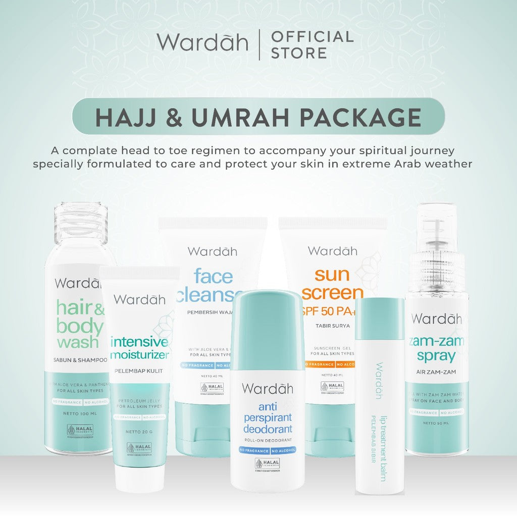 WARDAH Umrah & Hajj Package - Paket Haji dan Umroh - Hair and Body Wash, Face Cleanser, Sunscreen SPF 50 PA+++ , Anti Perspirant Deodorant, Moisturizer, Lip Treatment Balm, ZamZam Water Spray - Skincare