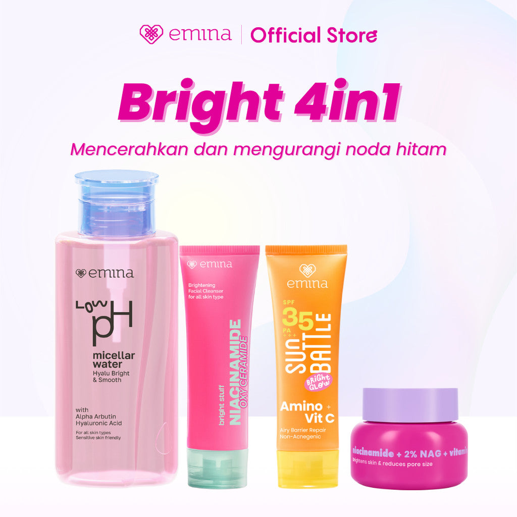 Emina Bright & Glow Set Bundle All in 7in1 PAKET SKINCARE HYALUBRIGHT MICELLAR WATER- BRIGHT STUFF FACE WASH- BRIGHT STUFF ACE TONER-BRIGHT STUFF SERUM-BRIGHT GEL-BRIGHT STUFF EXFOILATING TONER-SUN BATTLE  BRIGHT GLOW