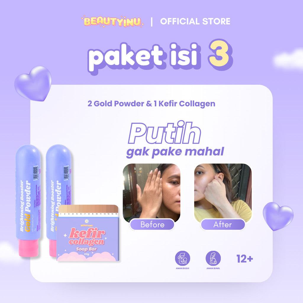Beautyinu Kefir Collagen Soap Bar & Brightening Booster Gold Powder Paket Isi 3
