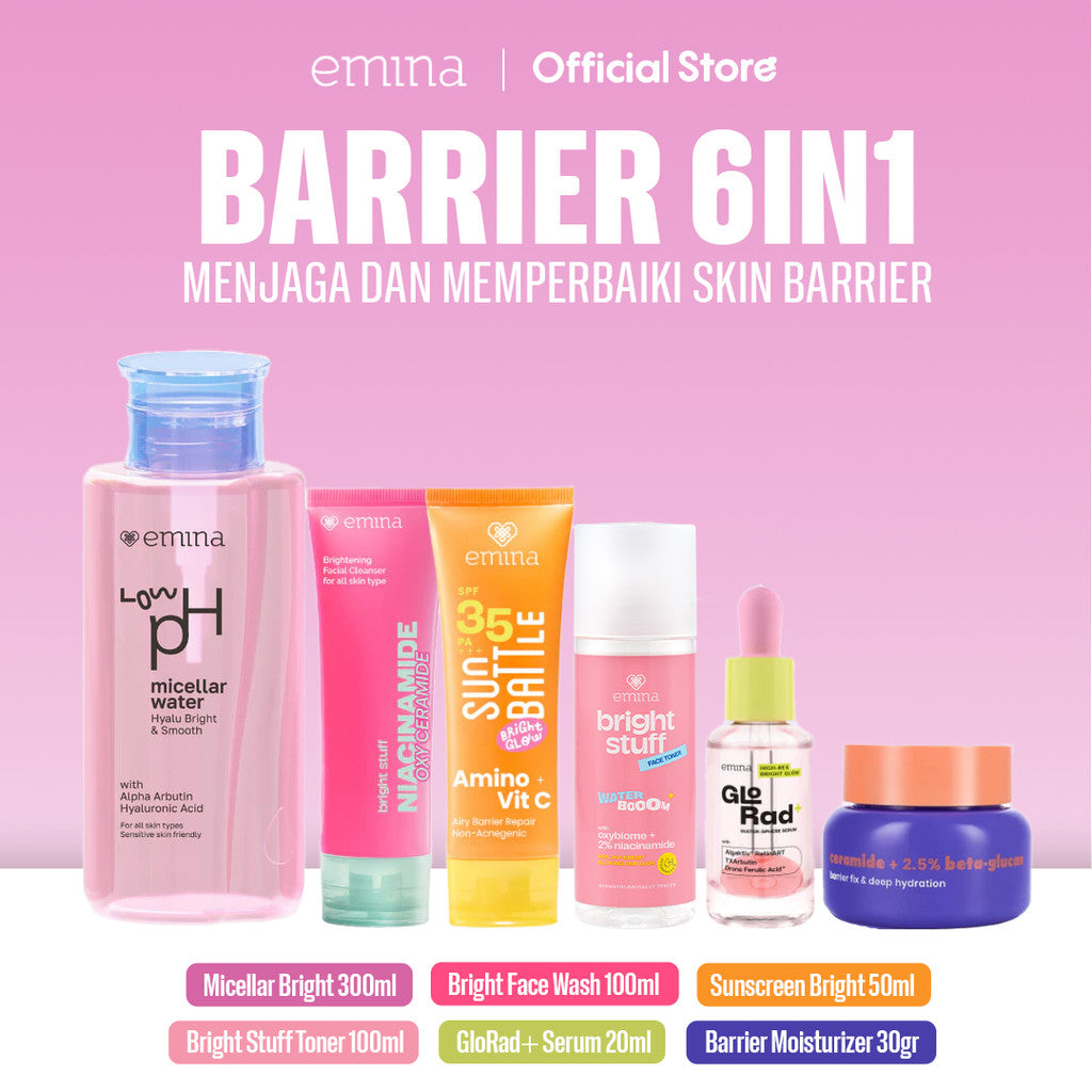 Emina Barrier Set Bundle All in 7 PCS PAKET SKINCARE HYALUBRIGHT MICELLAR WATER- BRIGHT STUFF FACE WASH- BRIGHT STUFF FACE TONER-GLORAD SERUM-BARRIER GEL-BRIGHT STUFF EXFOILATING TONER-SUN BATTLE BRIGHT GLOW