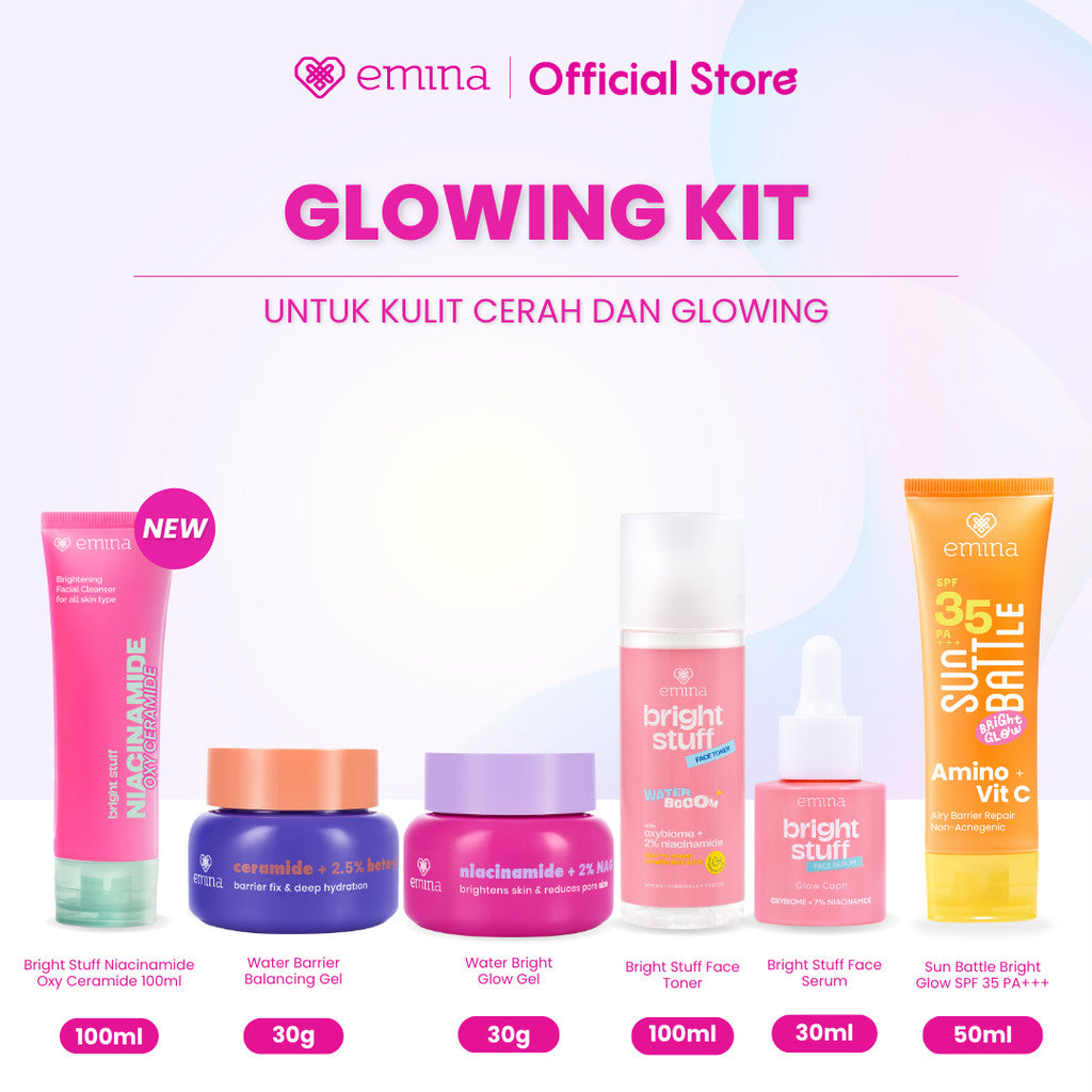 Emina Day&Night 6in1 Glowing Set Bundle - Cleanser + Brightening moisturizer + serum + toner + exfoliating