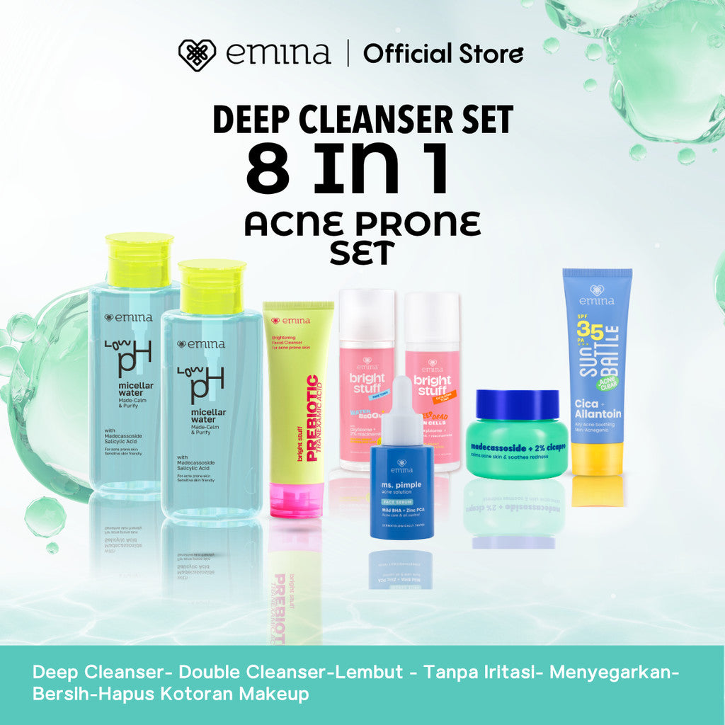 [Paket Deep Cleanser Free Gift ] Paket 8 in 1 2 in 1  Paket 3 in 1 Deep Cleanser Emina HyaluBright & Smooth Low PH Micellar Water 300ml- Face Wash Serum Toner Moisturizer Sunscreen -Lembut - Tanpa Iritasi- Menyegarkan- Bersih-Hapus Kotoran Makeup