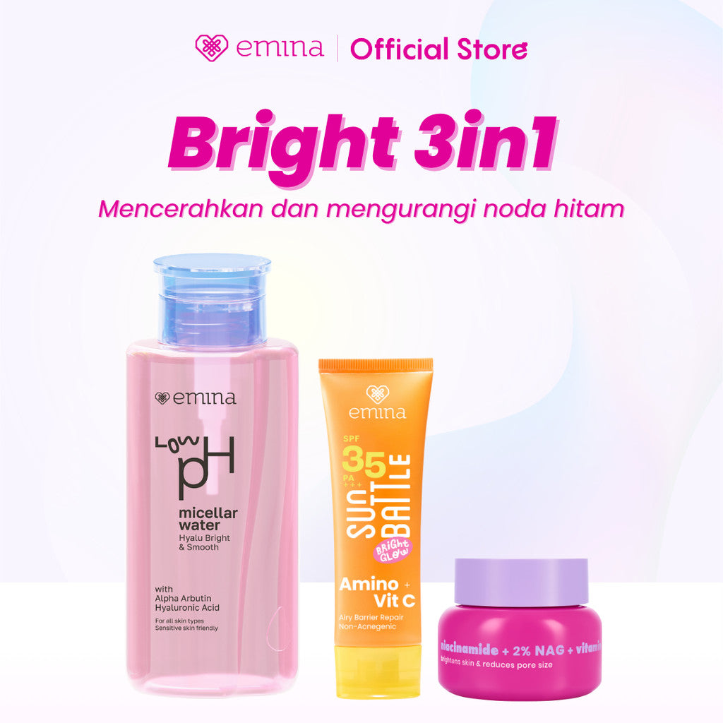 Emina Bright & Glow Set Bundle All in 7in1 PAKET SKINCARE HYALUBRIGHT MICELLAR WATER- BRIGHT STUFF FACE WASH- BRIGHT STUFF ACE TONER-BRIGHT STUFF SERUM-BRIGHT GEL-BRIGHT STUFF EXFOILATING TONER-SUN BATTLE  BRIGHT GLOW