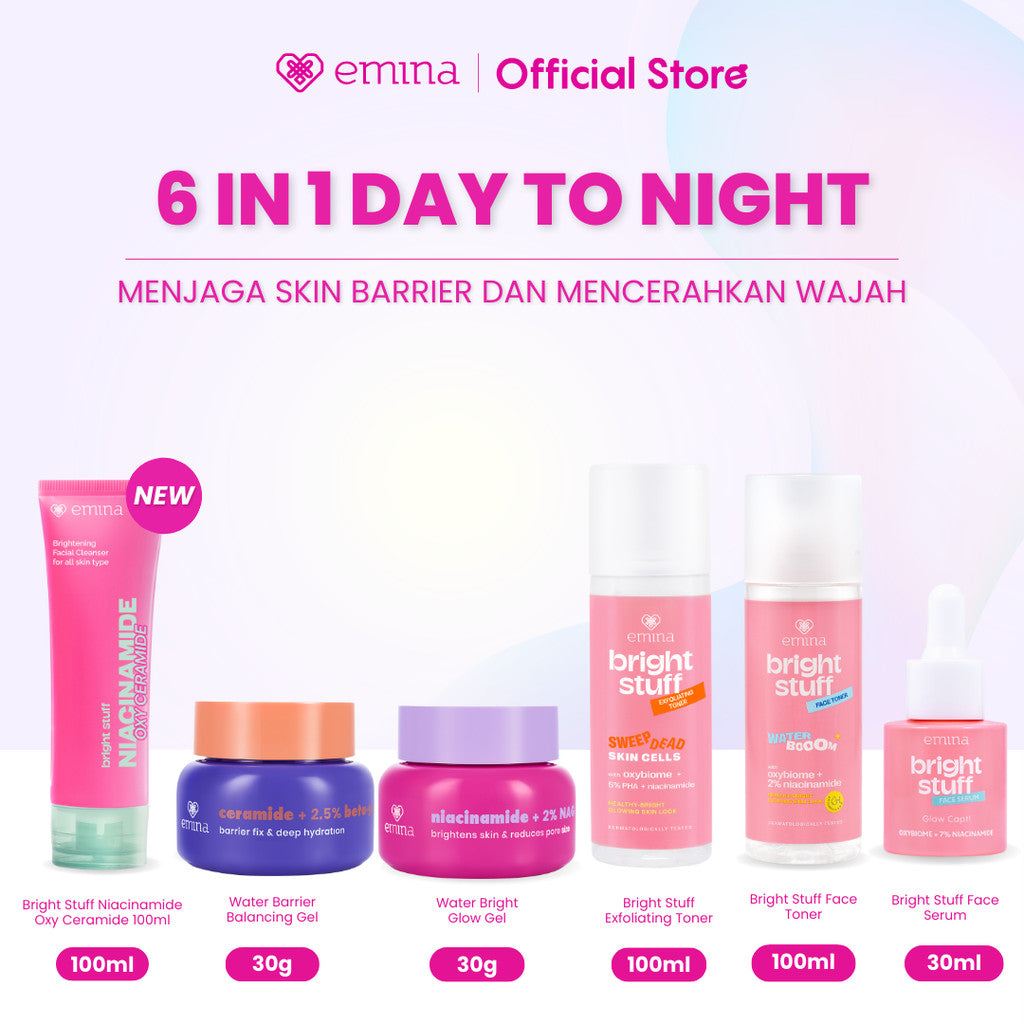 Emina Day&Night 6in1 Glowing Set Bundle - Cleanser + Brightening moisturizer + serum + toner + exfoliating