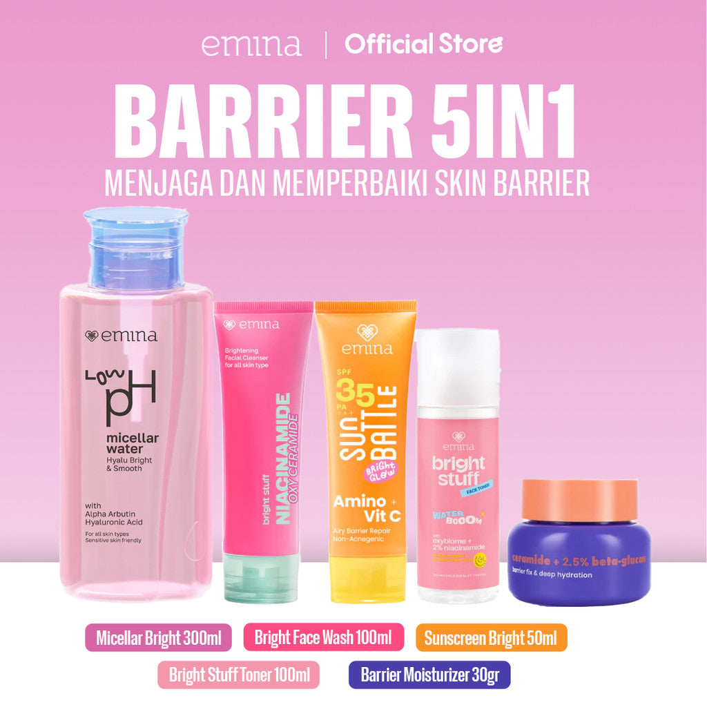 Emina Barrier Set Bundle All in 7 PCS PAKET SKINCARE HYALUBRIGHT MICELLAR WATER- BRIGHT STUFF FACE WASH- BRIGHT STUFF FACE TONER-GLORAD SERUM-BARRIER GEL-BRIGHT STUFF EXFOILATING TONER-SUN BATTLE BRIGHT GLOW