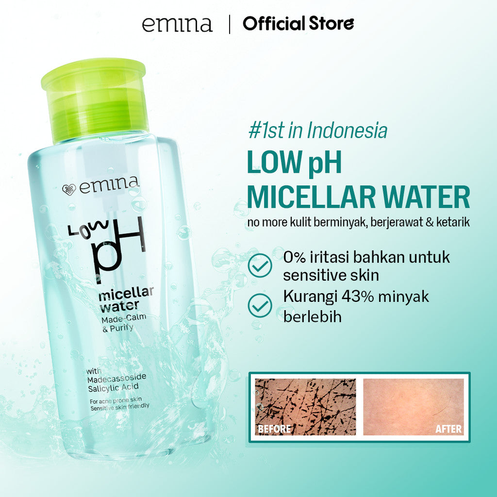 Emina Low pH Micellar Water  untuk Kulit Berminyak dan Berjerawat Sensitif 125ml & 300ml | Salicylic Acid Pembersih Wajah Gentle Makeup Remover Double Cleansing for Acne-Oily Prone Skin Oil Control Moisturizer Sunscreen Mencerahkan