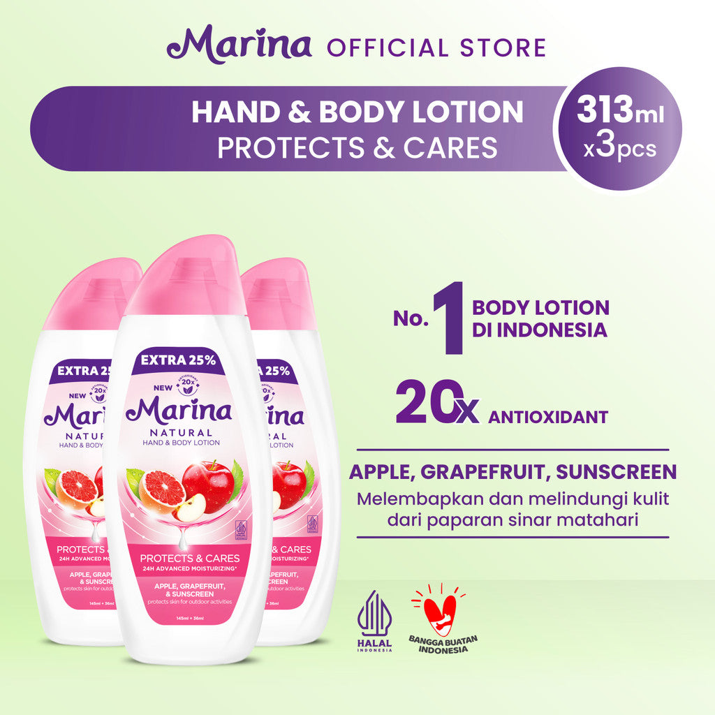 Marina Hand & Body Lotion Natural - Protects & Cares Extra Fill [313mL / 3 pcs] - Exp : 07.2027