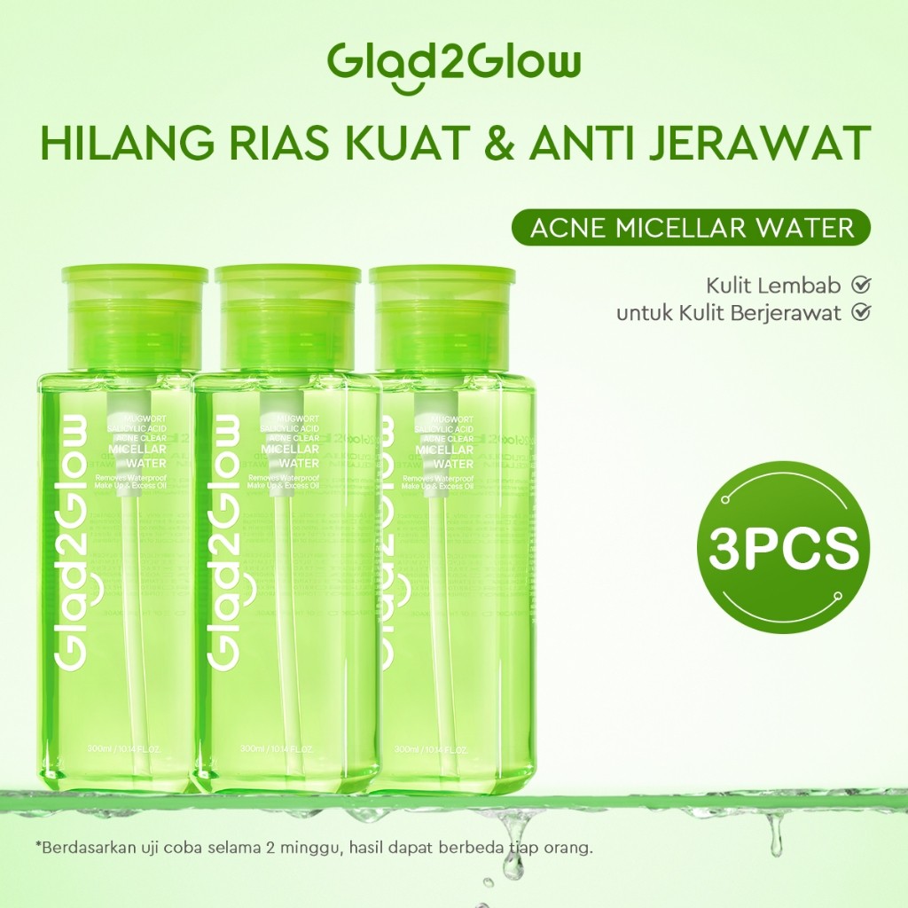 [KHUSUS MEMBER]GLAD2GLOW Mugwort Salicylic Acid Acne Clear Micellar Water 300ml For Acne-Prone Skin/Panthenol Sensitive Care Pembersih Wajah Make Up Remover Cleansing Water Dan Oil-Control Hydrating Jerawat Control  Makeup Waterproof g2glow official store