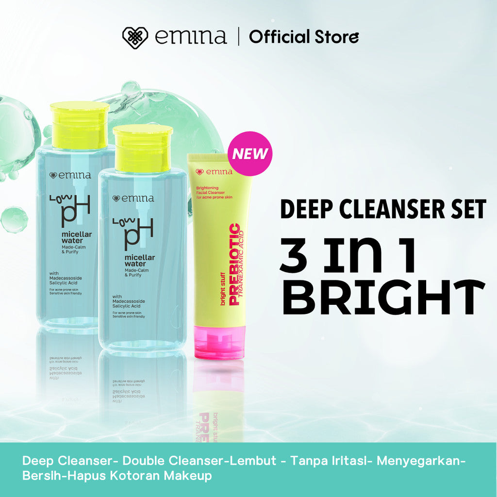 [Paket Deep Cleanser Free Gift ] Paket 8 in 1 2 in 1  Paket 3 in 1 Deep Cleanser Emina HyaluBright & Smooth Low PH Micellar Water 300ml- Face Wash Serum Toner Moisturizer Sunscreen -Lembut - Tanpa Iritasi- Menyegarkan- Bersih-Hapus Kotoran Makeup