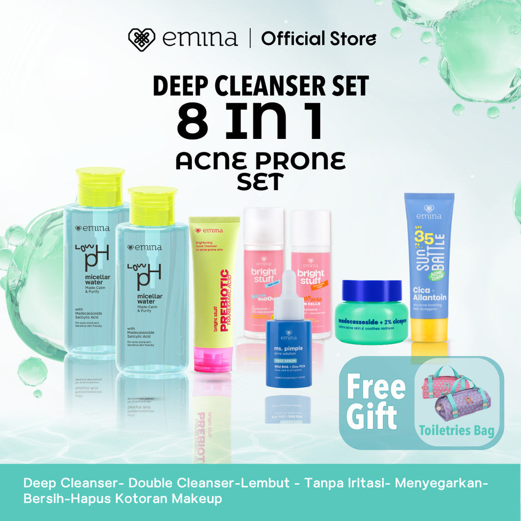 [Paket Deep Cleanser Free Gift ] Paket 8 in 1 2 in 1  Paket 3 in 1 Deep Cleanser Emina HyaluBright & Smooth Low PH Micellar Water 300ml- Face Wash Serum Toner Moisturizer Sunscreen -Lembut - Tanpa Iritasi- Menyegarkan- Bersih-Hapus Kotoran Makeup