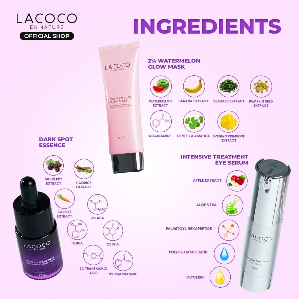 Lacoco The Ultimate Skin Prep (Intensive Treatment Eye Serum + Dark Spot Essence + 2% Watermelon Glow Mask) - Set Eye Serum dan Essence untuk Eksfoliasi