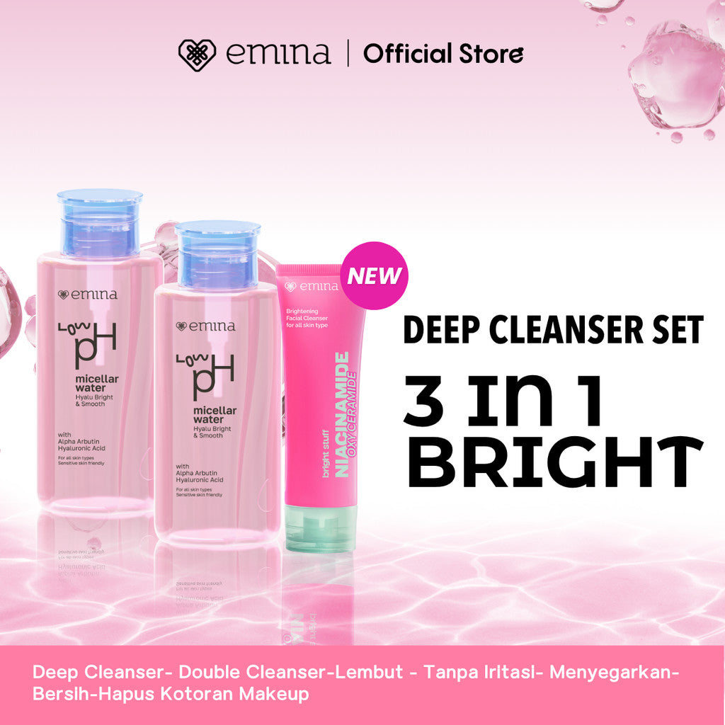 [Paket Deep Cleanser Free Gift ] Paket 8 in 1 2 in 1  Paket 3 in 1 Deep Cleanser Emina HyaluBright & Smooth Low PH Micellar Water 300ml- Face Wash Serum Toner Moisturizer Sunscreen -Lembut - Tanpa Iritasi- Menyegarkan- Bersih-Hapus Kotoran Makeup