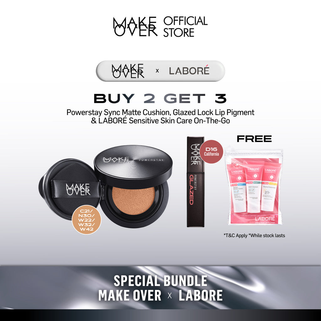 [6.6 EXCLUSIVE BUNDLE MAKE OVER X LABORE - BUY 2 GET 5] MAKE OVER Hydrastay Prismatic Glass Cushion or MAKE OVER Sync Matte Cushion + Glazed Lock Lip Pigment Get FREE LABORÉ Sensitive Skin Care On-The-Go Minis (Revamp)