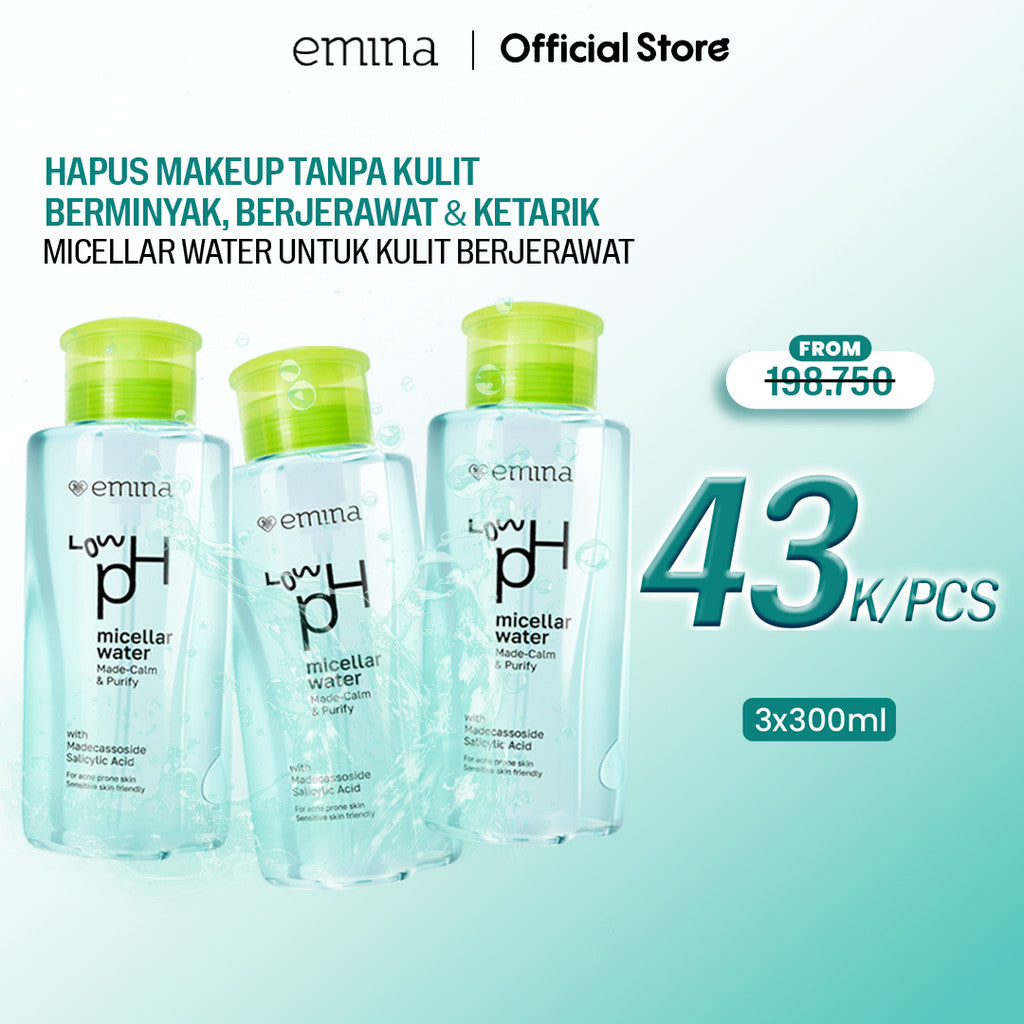 Emina Low pH Micellar Water  untuk Kulit Berminyak dan Berjerawat Sensitif 125ml & 300ml | Salicylic Acid Pembersih Wajah Gentle Makeup Remover Double Cleansing for Acne-Oily Prone Skin Oil Control Moisturizer Sunscreen Mencerahkan