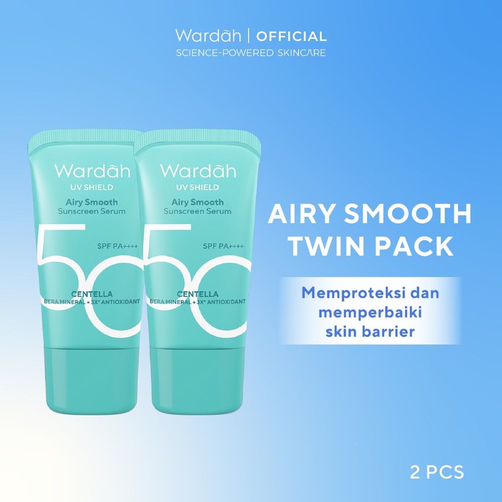 NEW PACKAGING! Wardah UV Shield Airy Smooth Sunscreen Serum SPF 50 PA++++ 25ml Single, Twinpack, Triple Pack Sunscreen Wajah - Meredakan Jerawat, Ringan, Mudah Meresap Calming and Repair Boosting - Sunscreen 50 SPF BPOM - Sunscreen Wajah Glowing